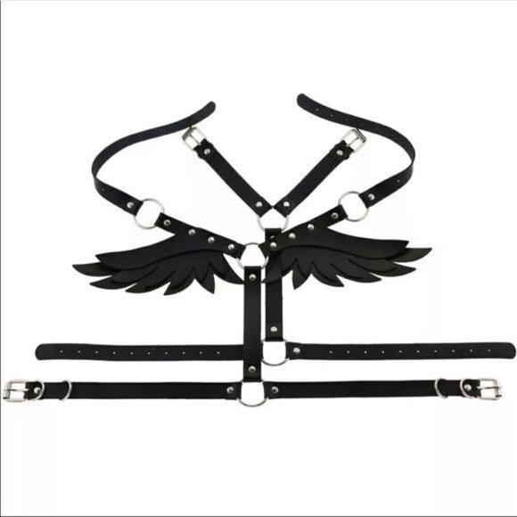 BLACK Leather Harness Angel Wing Garter Belt Waistband Slave Fetish Bondage BDSM - Picture 6 of 6